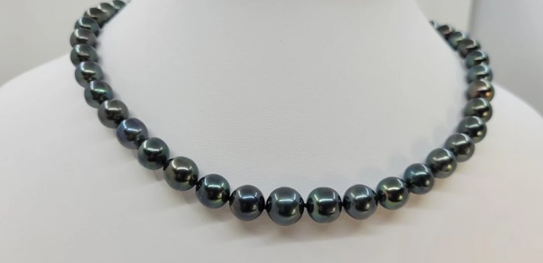 Necklace PSL Certified Peacock Black Tahitian Pearls - 8.0x10.7mm