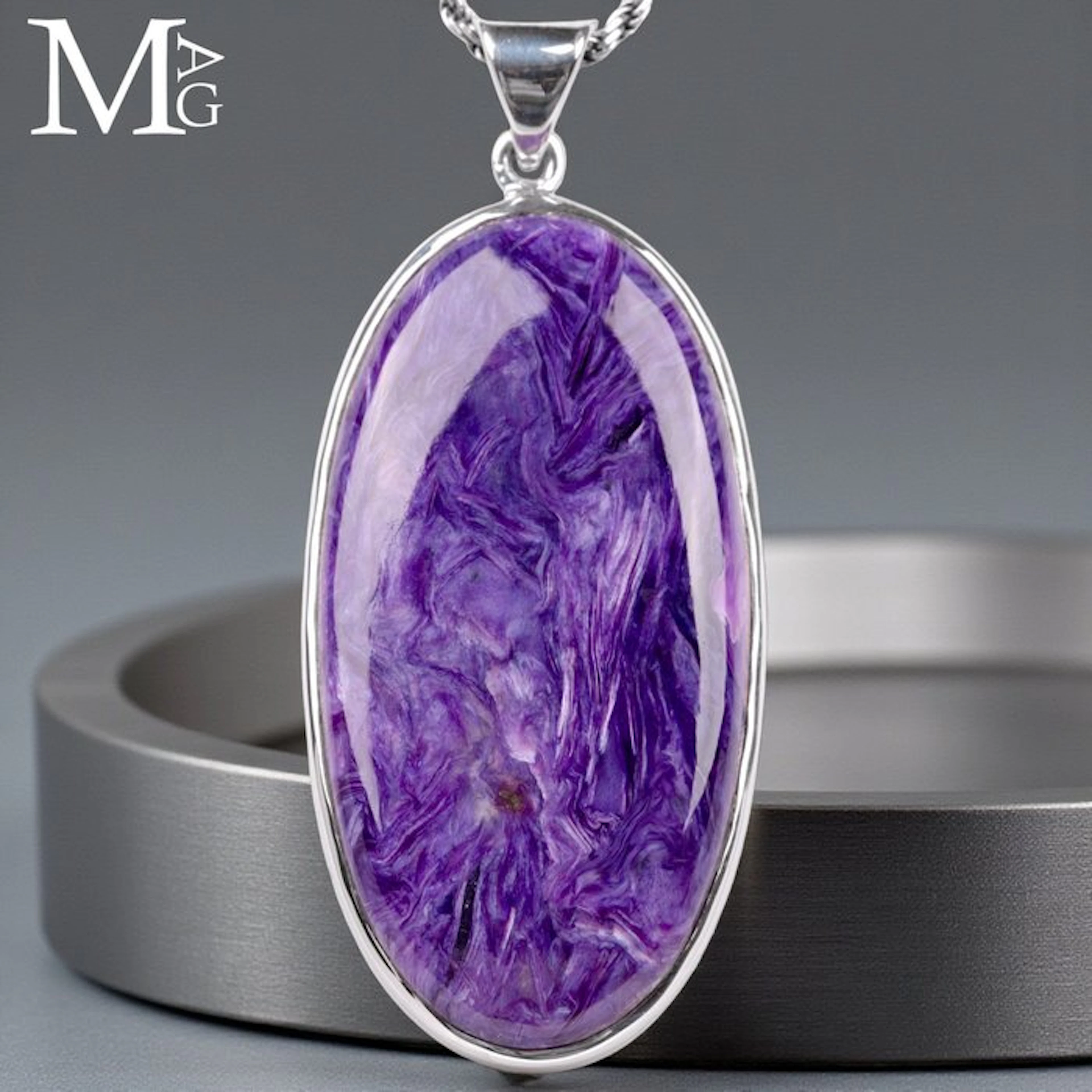 Rare Charoite with Unique Fibrous Patterns - 925 Silver...
