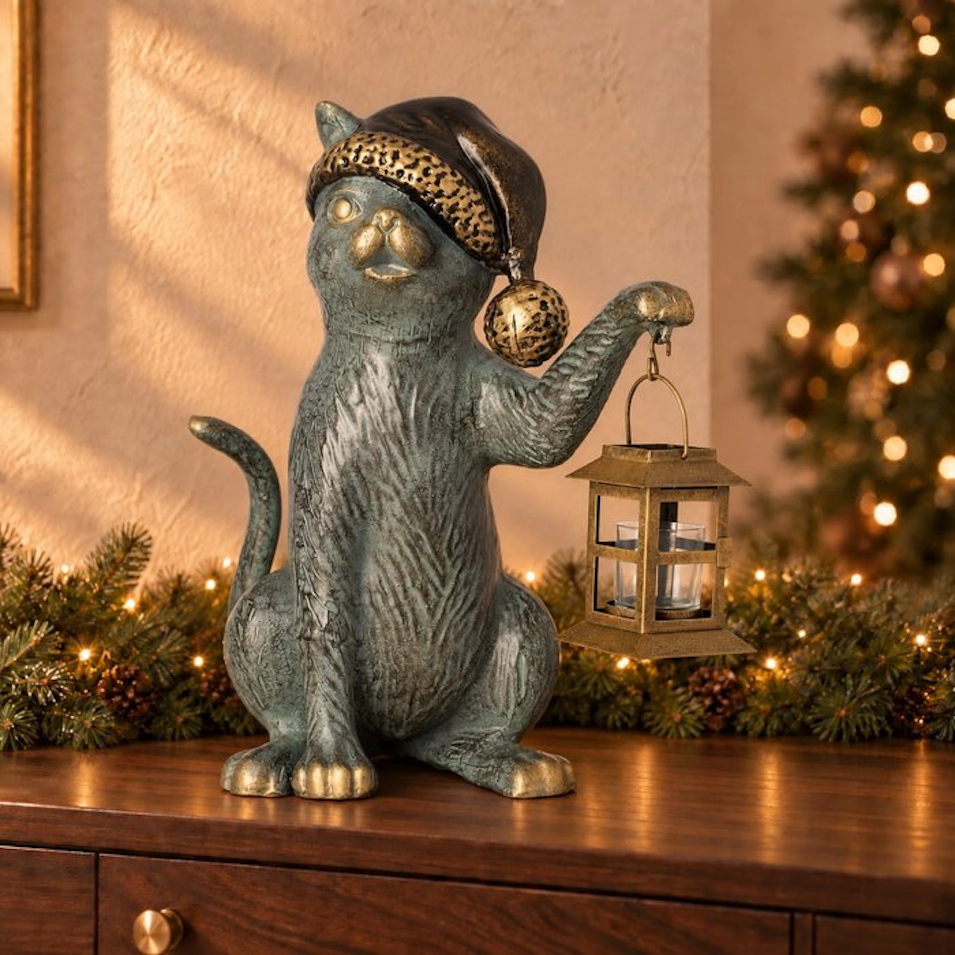 Sculpture, Christmas Cat with bell and lantern - 39 cm - Aluminium