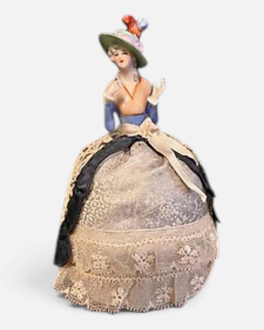 Figurine - Porcelain half doll pincushion - Porcelain, Textile, Lace