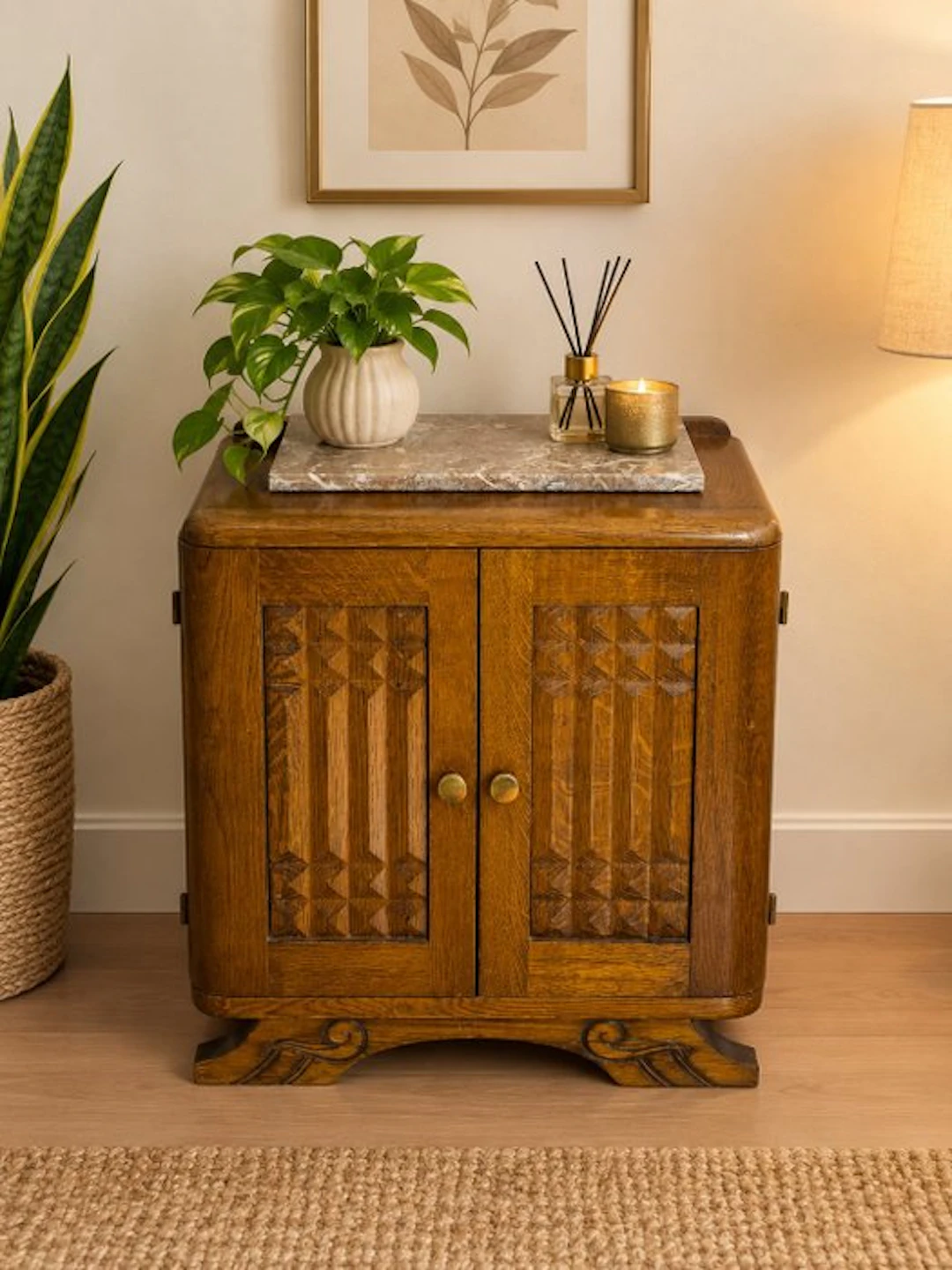 Nightstand - • Art Deco bedside table in solid oak and marble — France