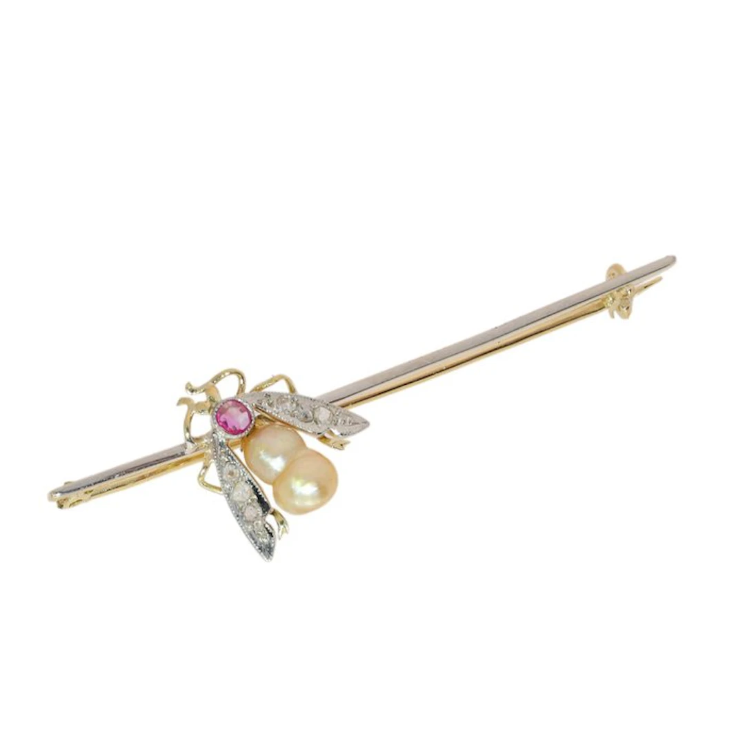 Brooch - 18 kt. Yellow gold, White gold - Diamond - Vintage ca. 1930 Fly