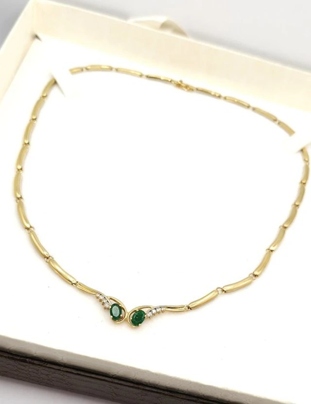 Choker necklace - 18 kt. Yellow gold - 1.20ct. tw. Emerald - Diamond