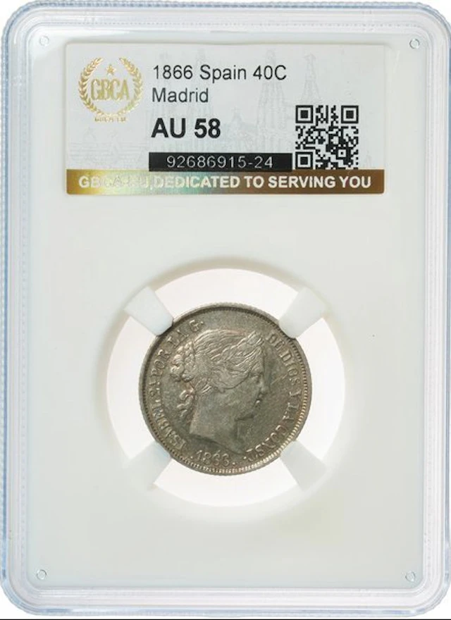 Spain. Isabel II. 40 Céntimos de Escudo 1866 - AU58