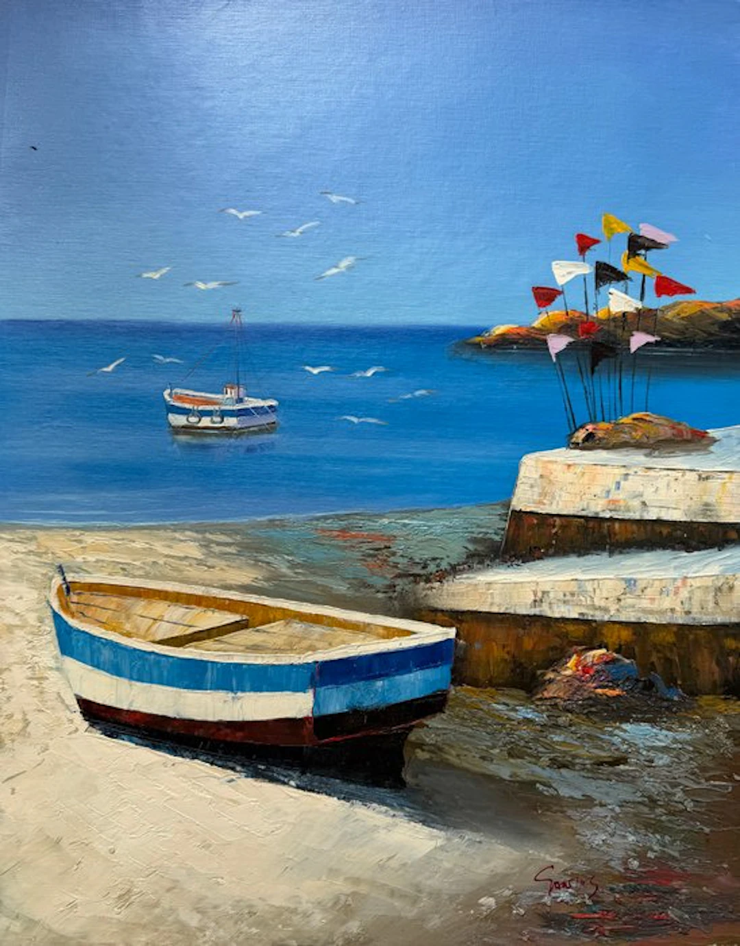 Samuel Santos ( 1968 - ) - Barque sur la plage, petit port méditerranéen