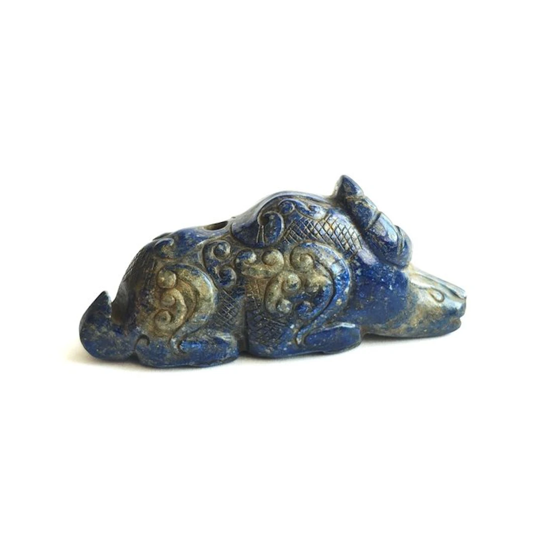Tibetan/Burmese Lapis Lazuli Resting Buffalo with Floral...