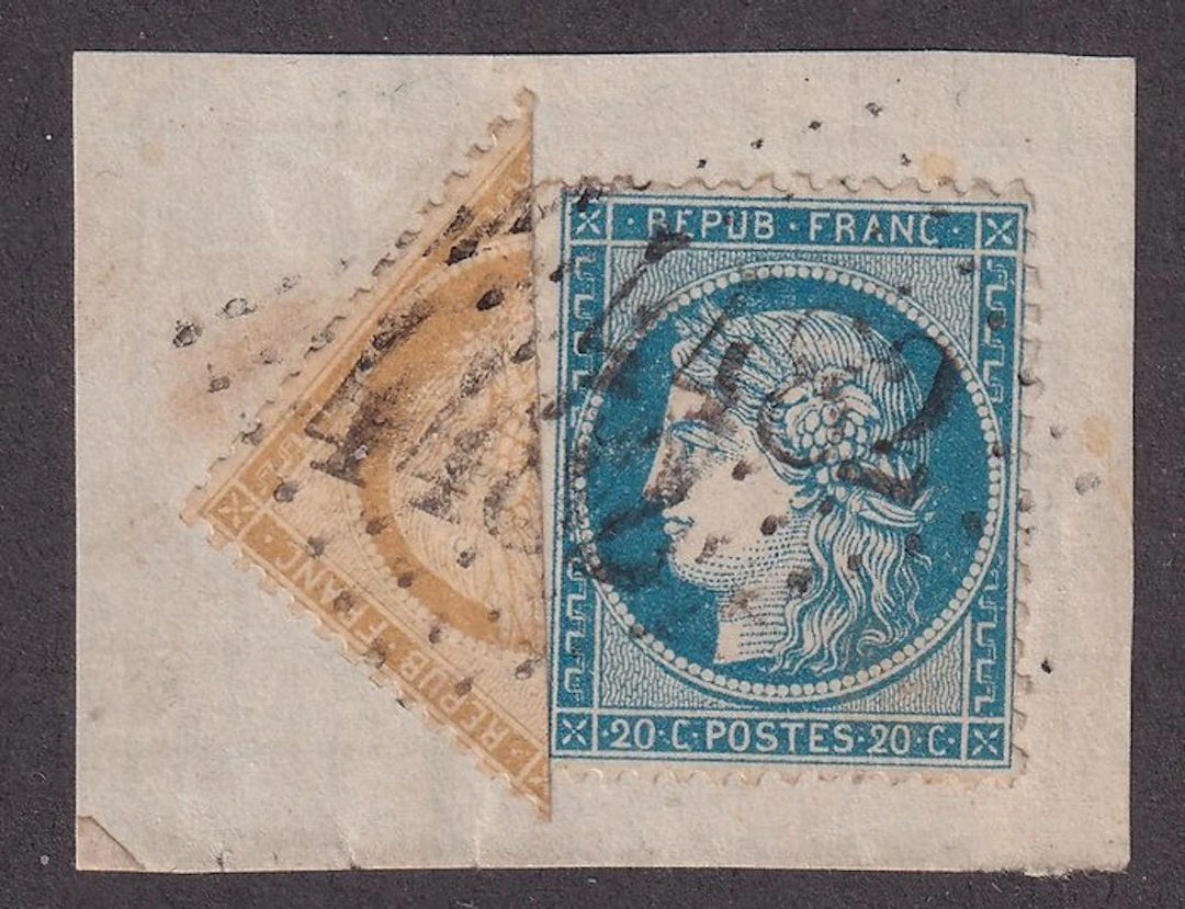 France - 10c bistre cut on fragment with 20c blue...