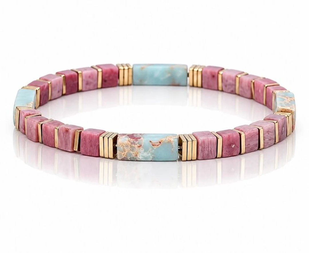 Stackable rhodochrosite & Shoushan stone stretch - Bracelet