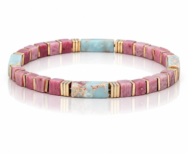 Stackable rhodochrosite & Shoushan stone stretch - Bracelet