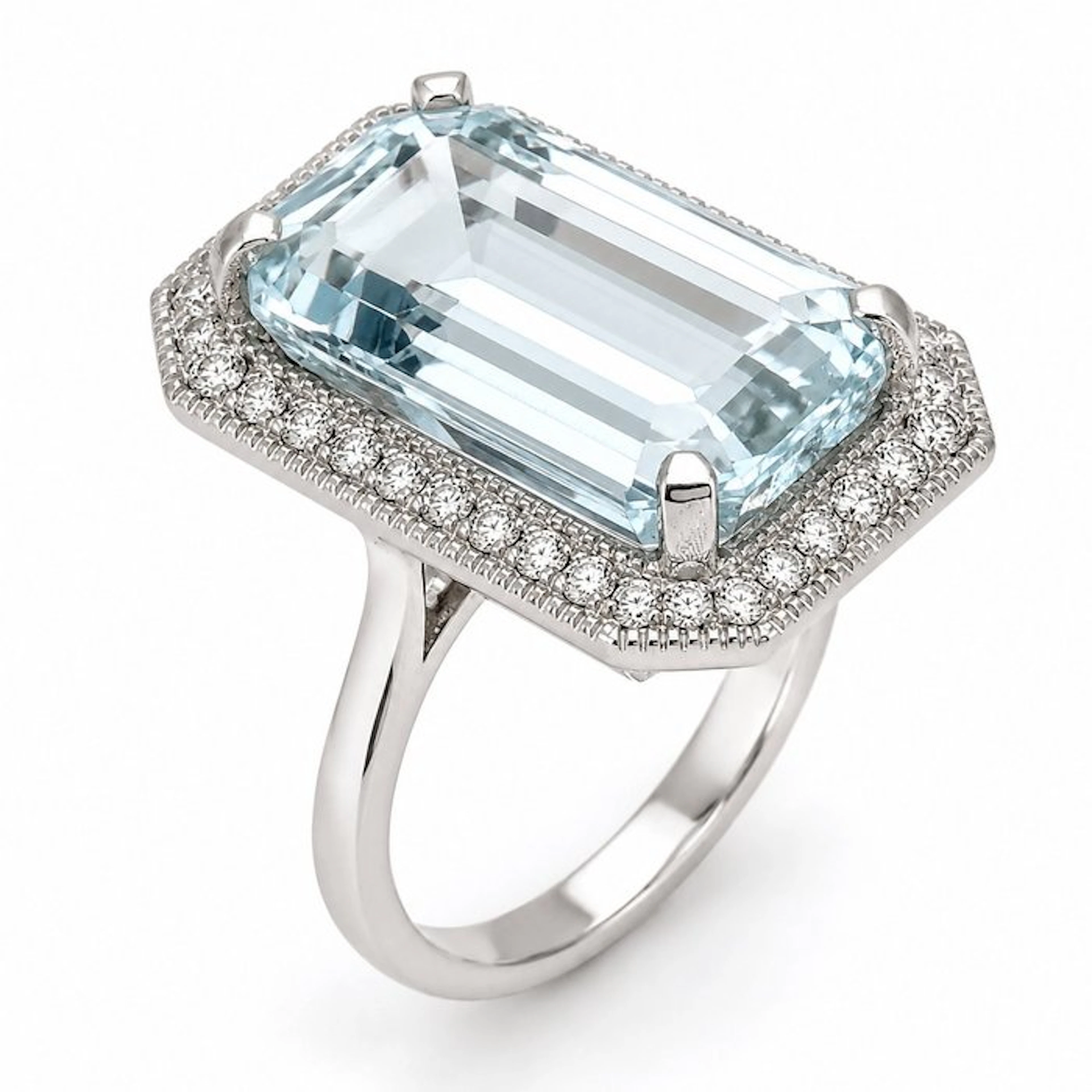 Ring - 18 kt. White gold Aquamarine - Diamond - Made in Italy - Handmade