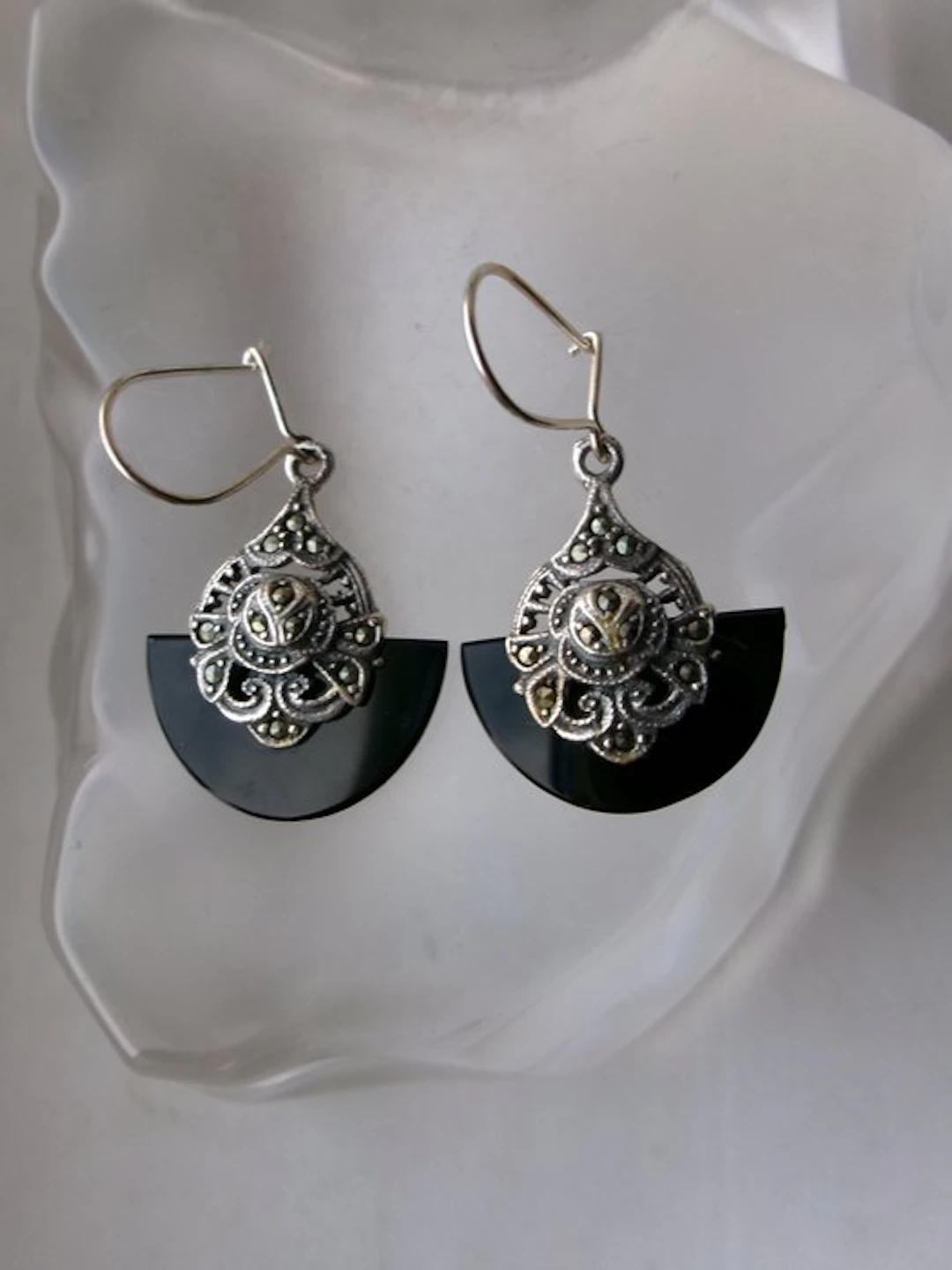Silver, Onyx & Marcasites - Earrings - Art Deco Style