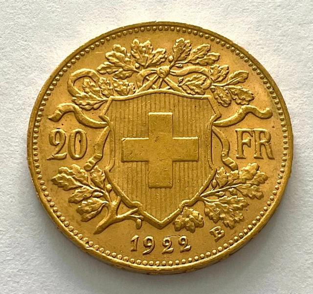 Switzerland. 20 Francs 1922 B - Vreneli