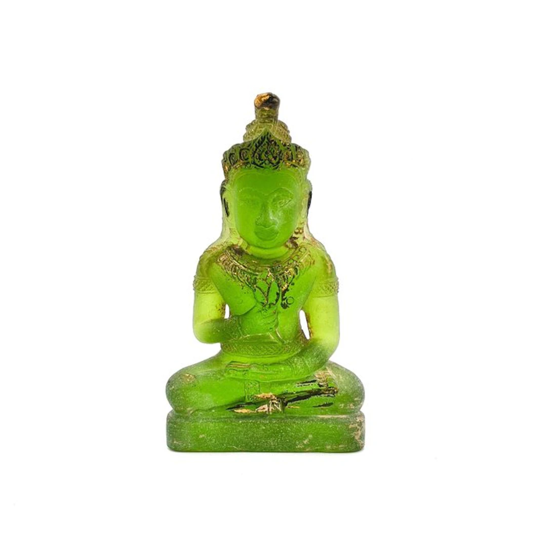 Ancient Indochinese Gilded Green Archaic Glass Buddha on...