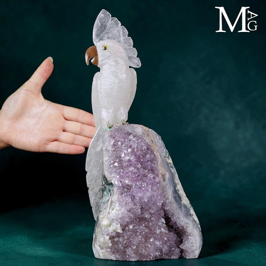 Carved Hyaline Quartz Cockatoo Sculpture Parrot on an...