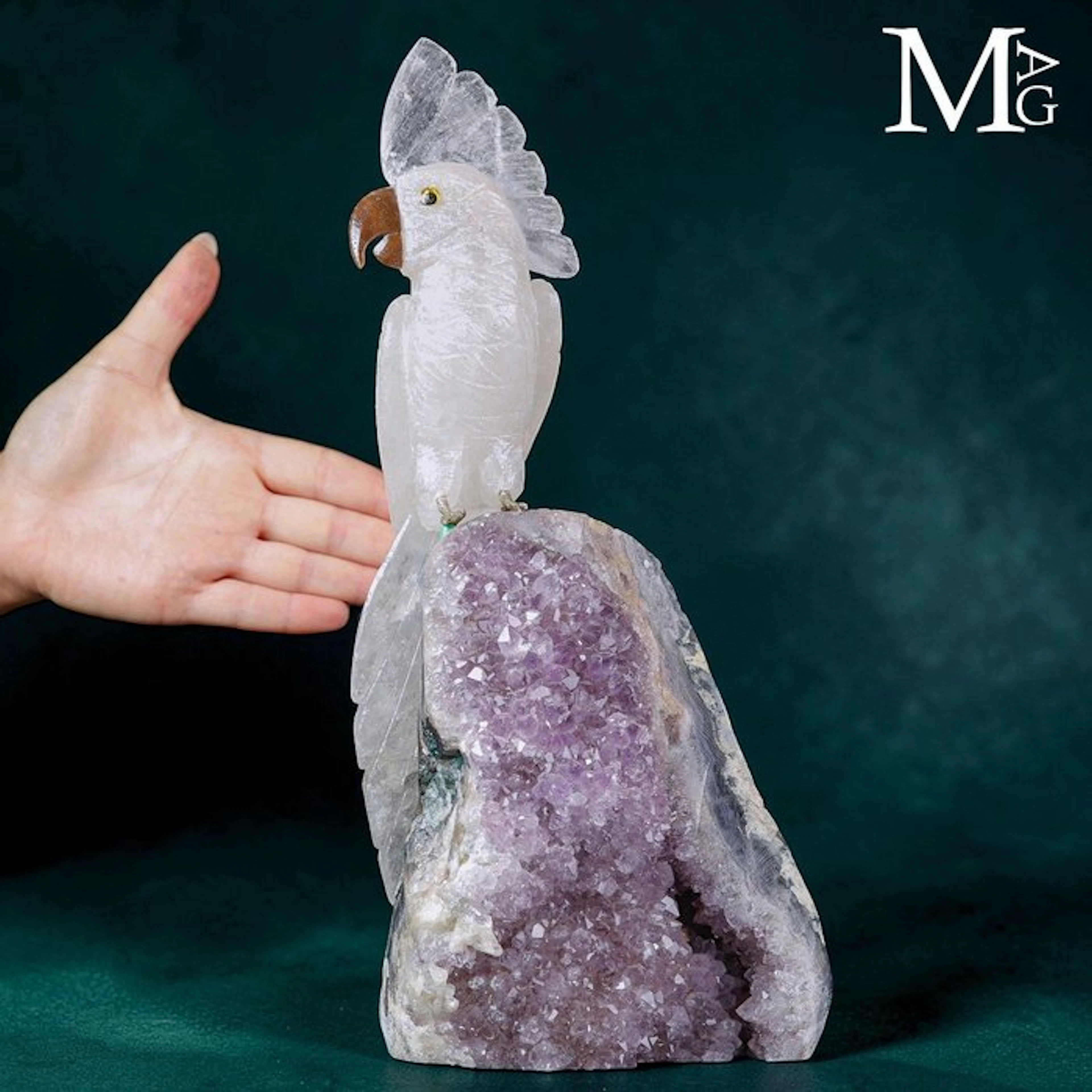 Carved Hyaline Quartz Cockatoo Sculpture Parrot on an...