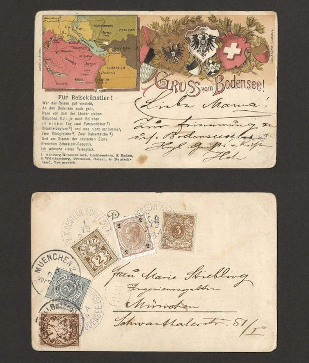 German Empire 1899 - Bodensee Ship Mail “Seven-Country...
