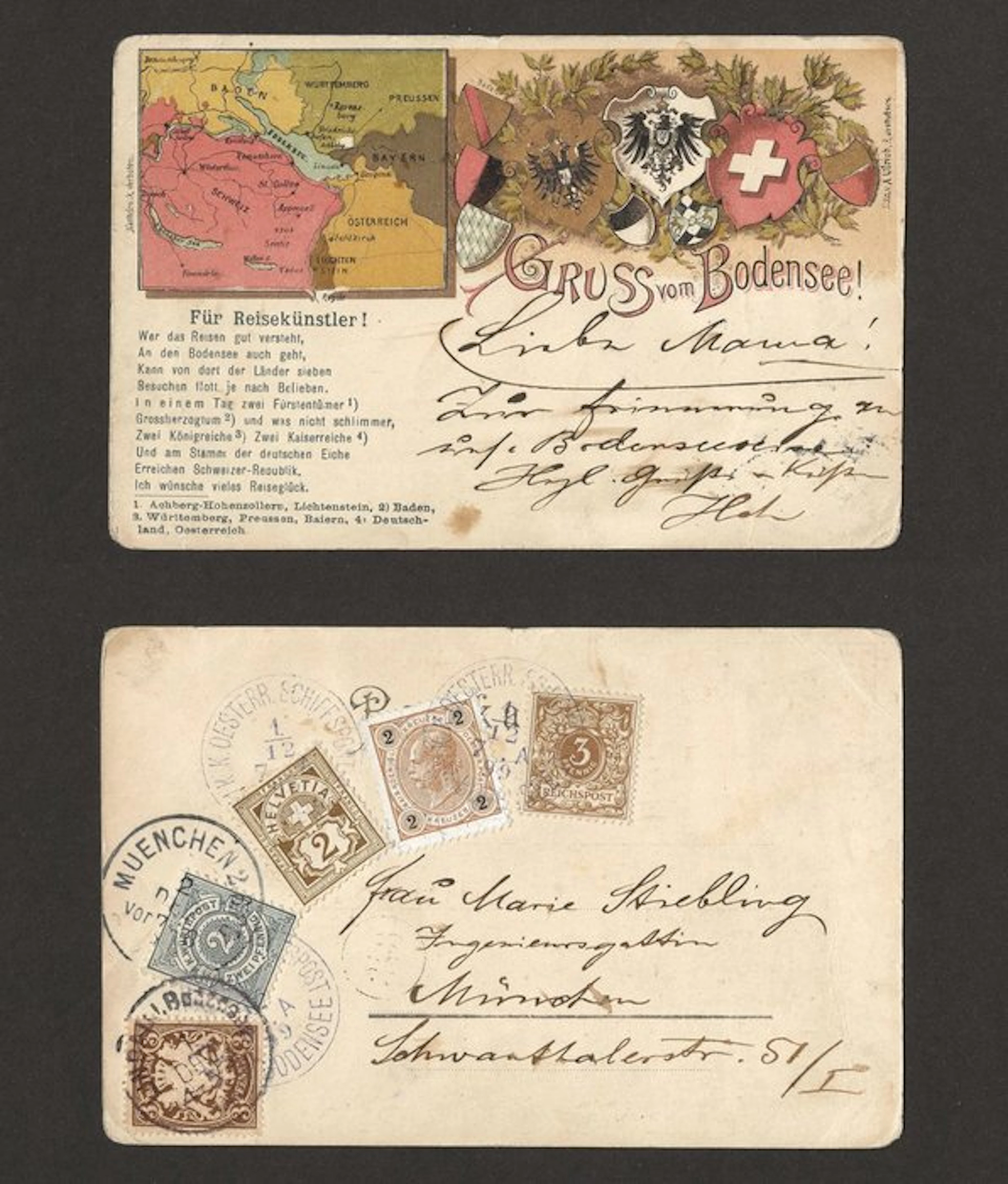 German Empire 1899 - Bodensee Ship Mail “Seven-Country...