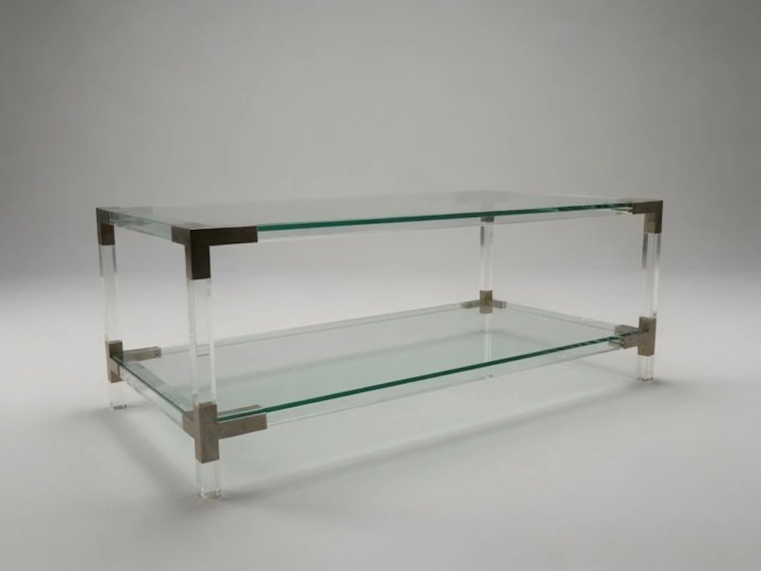 Table - Glass, Acrylic - Vintage 1970s Lucite Chrome and Glass Two-Tier Table