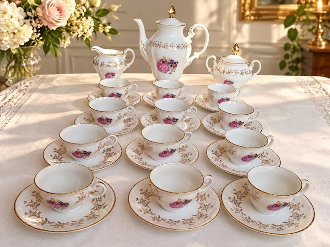 Digoin - Coffee set for 12 (27) - Porcelain, Gold - French Porcelains Dig