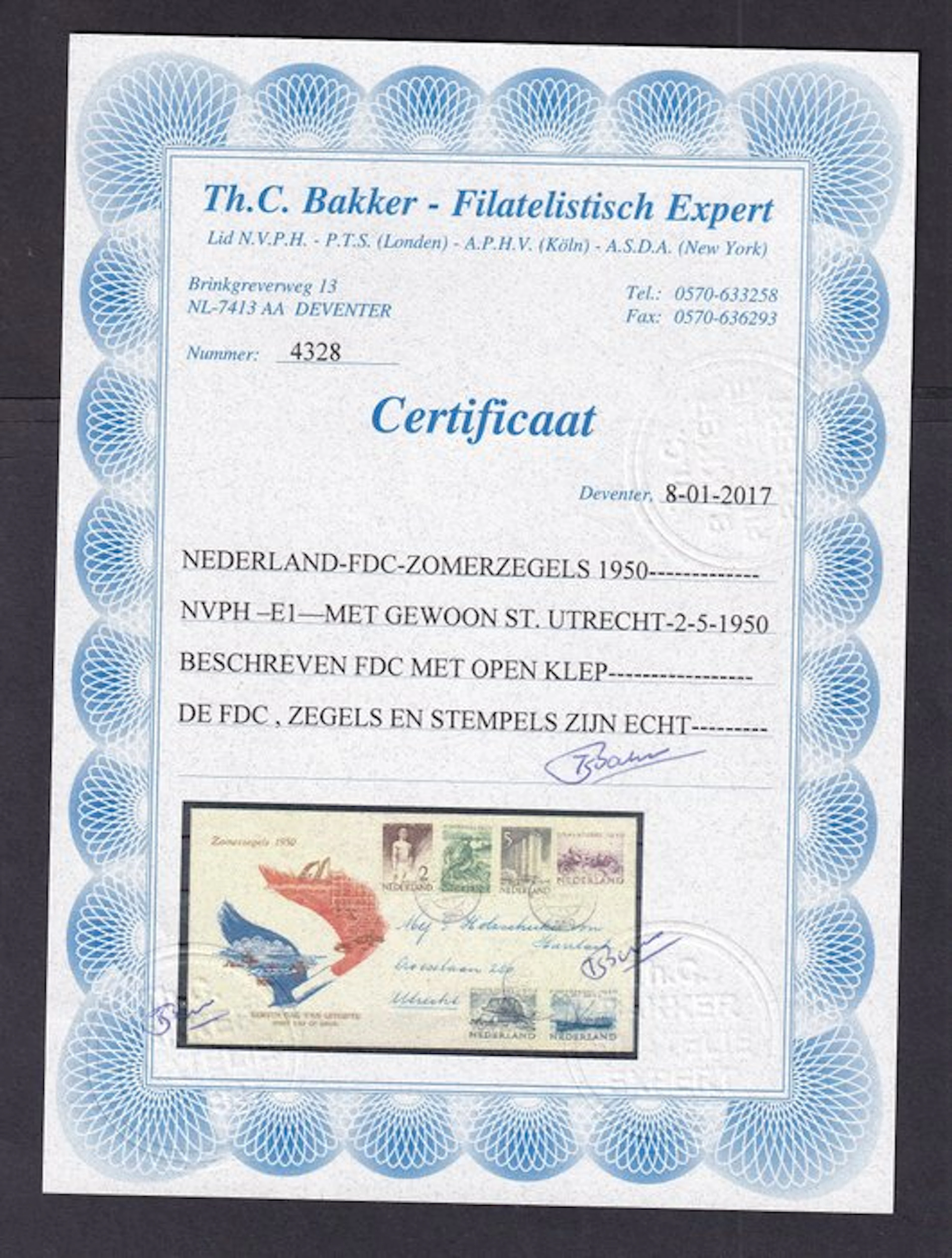 Netherlands 1950 - FDC E1 with date stamp and Certificate