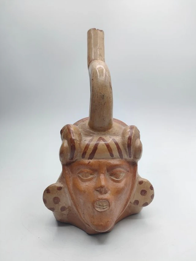 Pre-Columbian. Moche Superb Ceramic Portrait Vessel With Spanish Import License