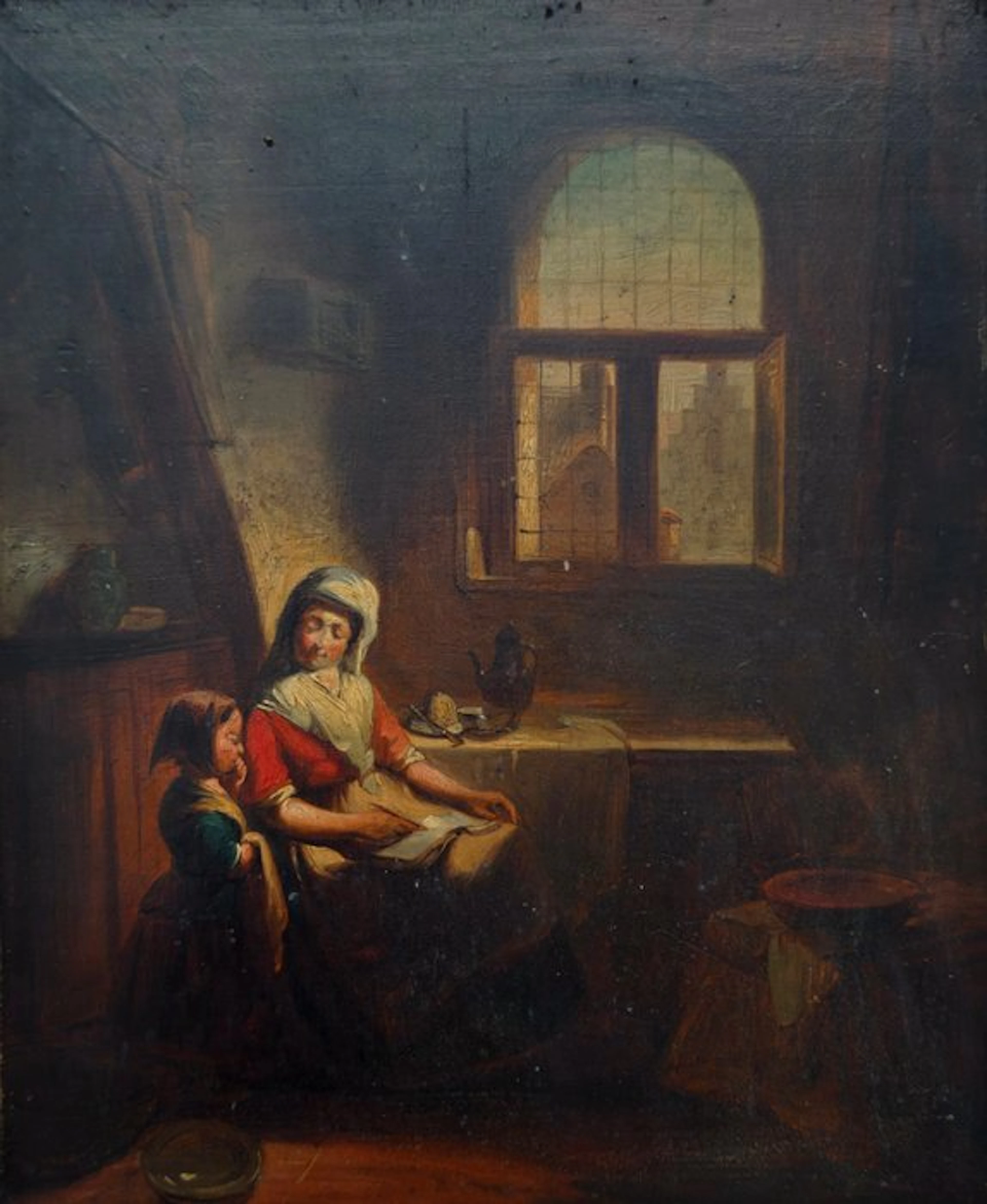 Belgian school (XIX) - Intérieur avec mère et enfant