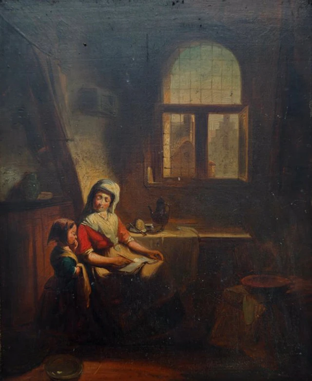Belgian school (XIX) - Intérieur avec mère et enfant