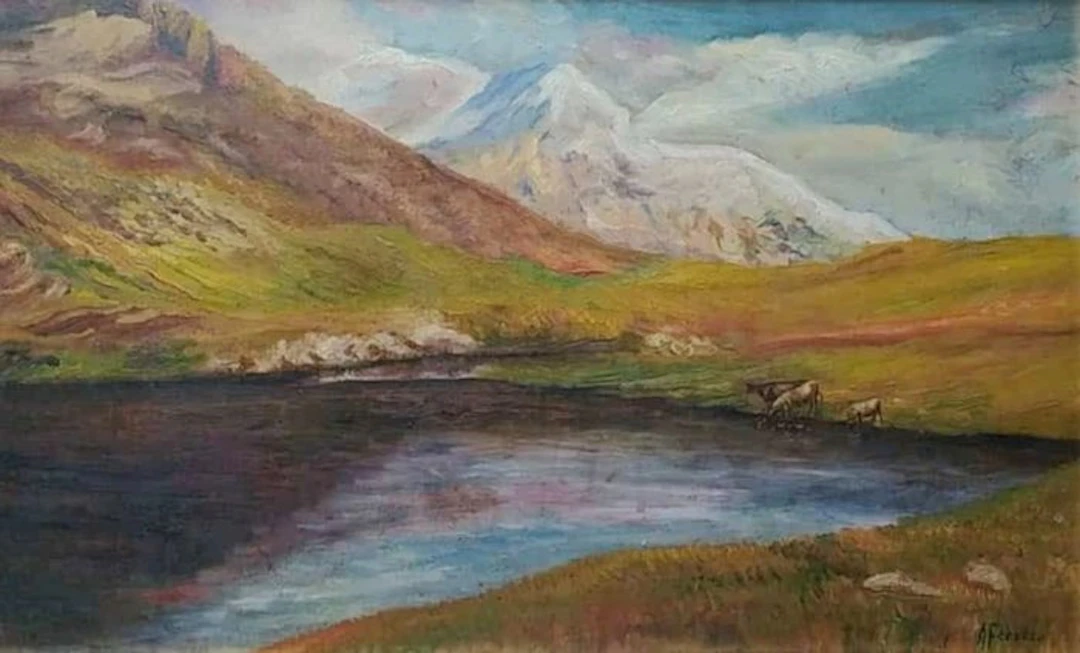 Alberto Ferrero (1883-1963) - Veduta montana con mucche al pascolo divisionista
