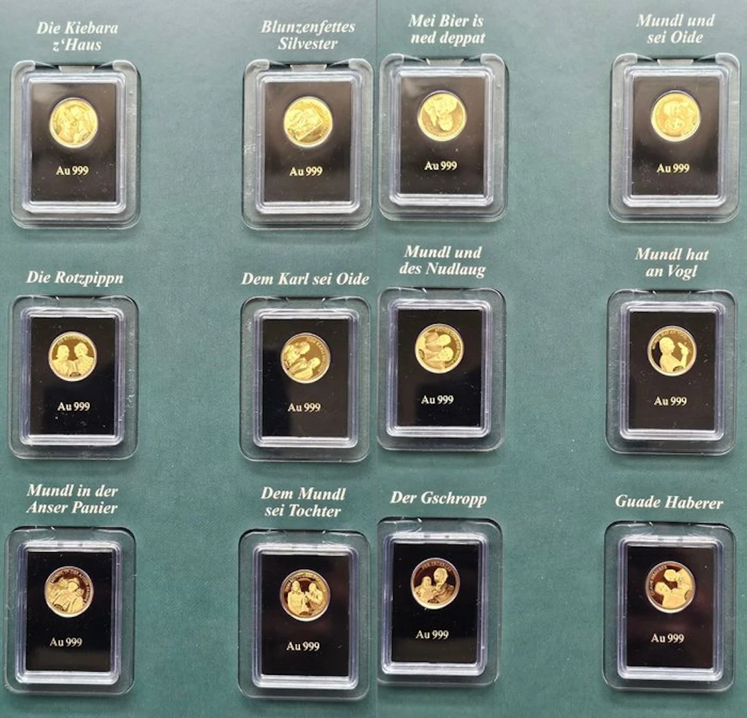 Austria. Gold medal Complete set 50 Years of Mundl, 12 x 1/200 Oz