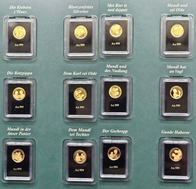 Austria. Gold medal Complete set 50 Years of Mundl, 12 x 1/200 Oz