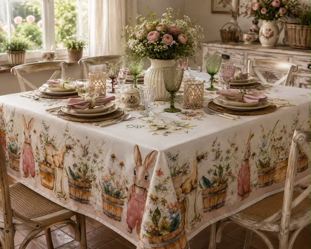 Delightful bucolic tablecloth laid out with floral decoration