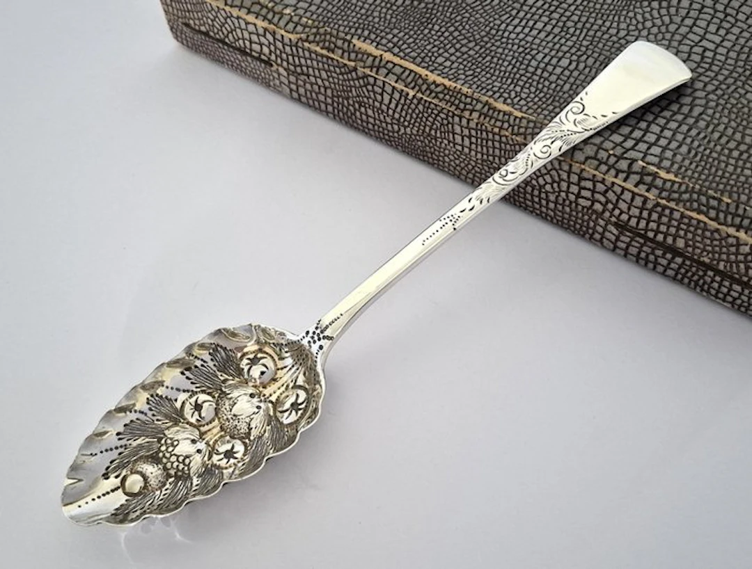 John Harris - Berry spoon - antique silver fruit serving spoon