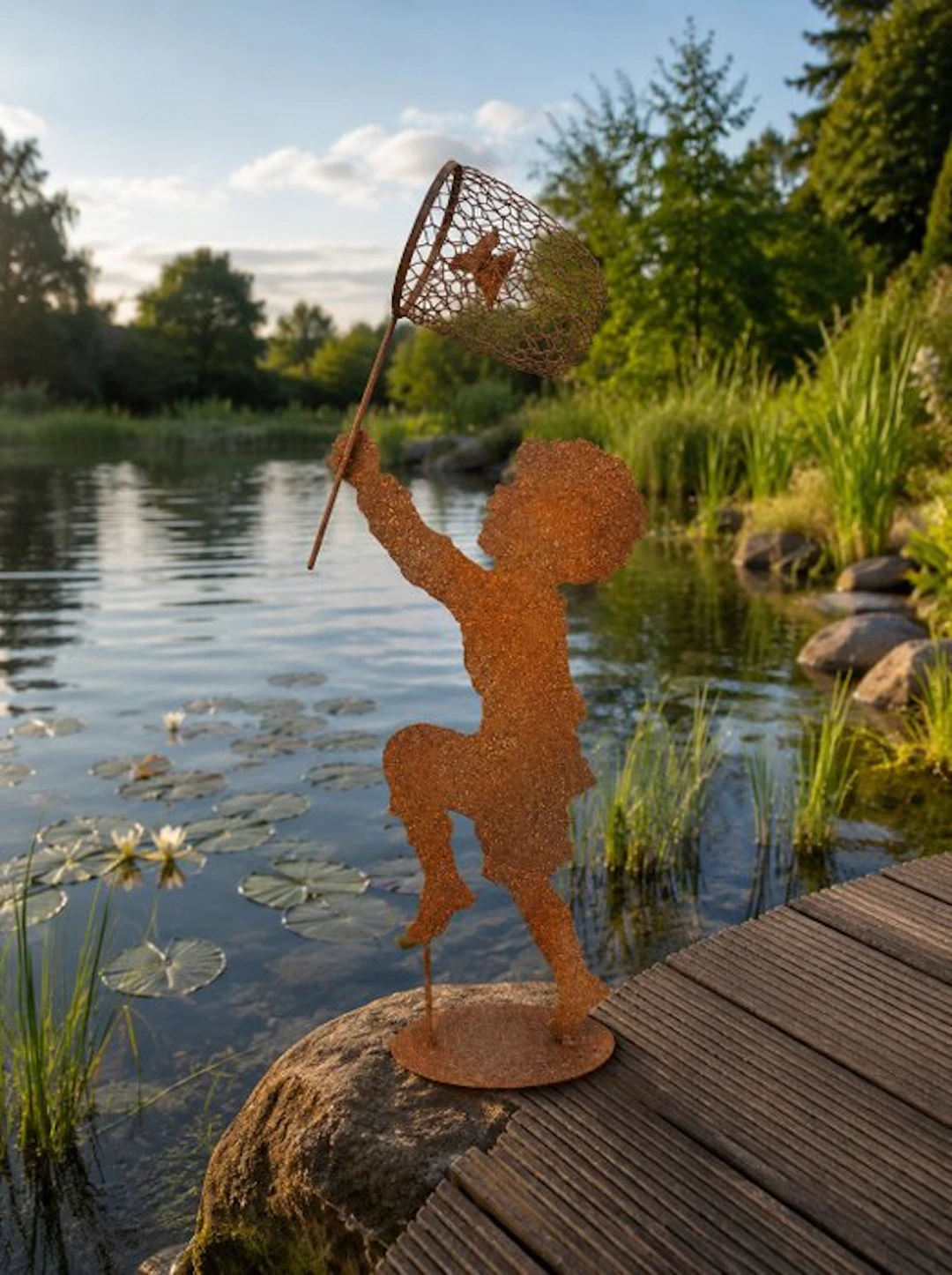 Statue, garden statue silhouette of boy with butterfly net - 69 cm - Steel