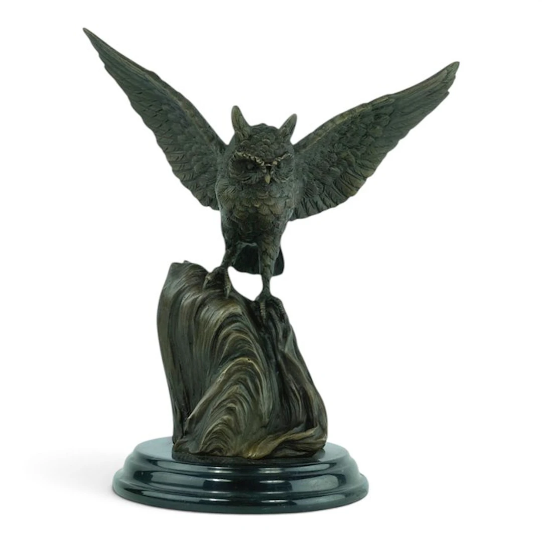 Nick - Sculpture, Owl with Spread Wings - 24 cm - Bronze, Marble
