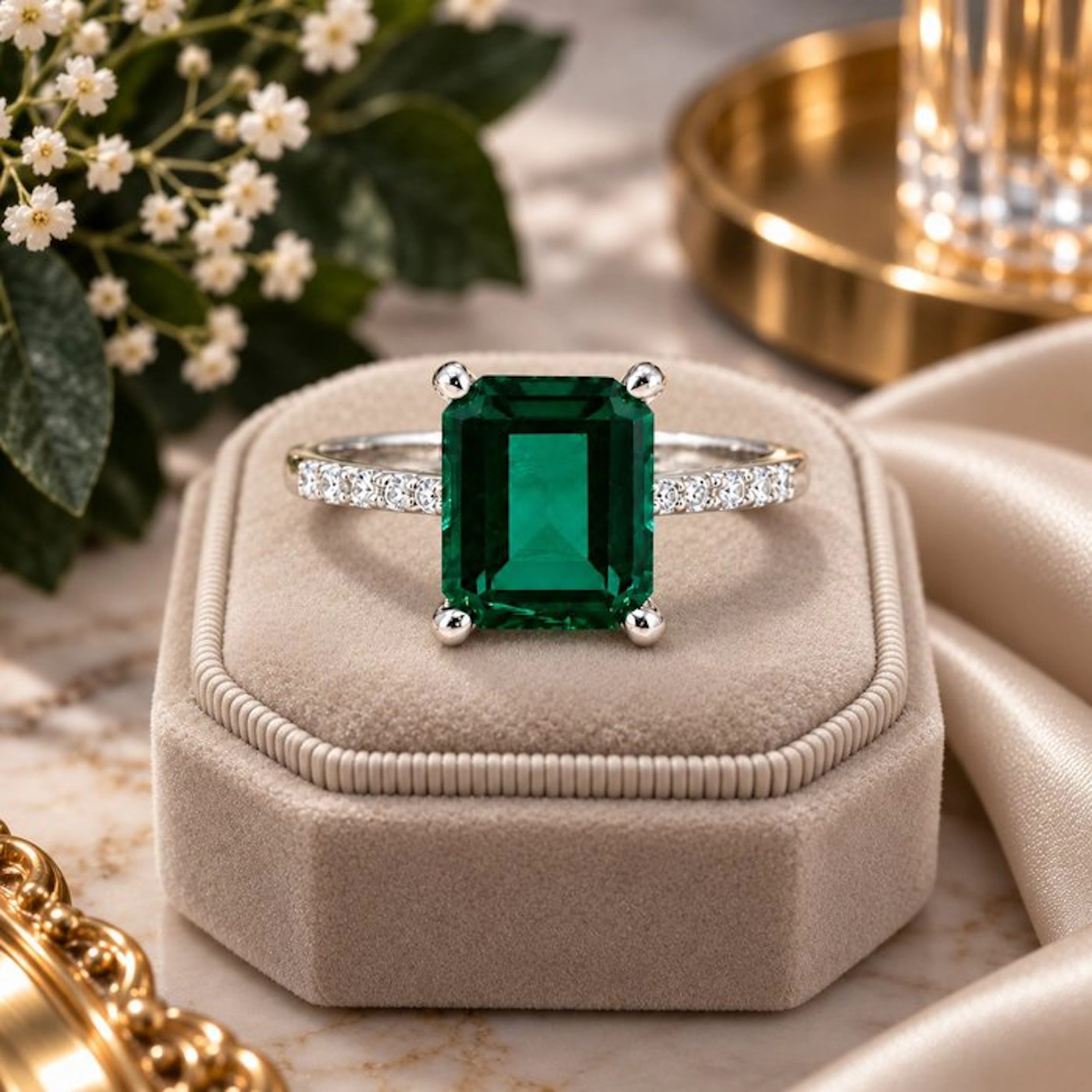 No reserve price - Ring Gold-plated Emerald - Diamond - 18K Gold Plated