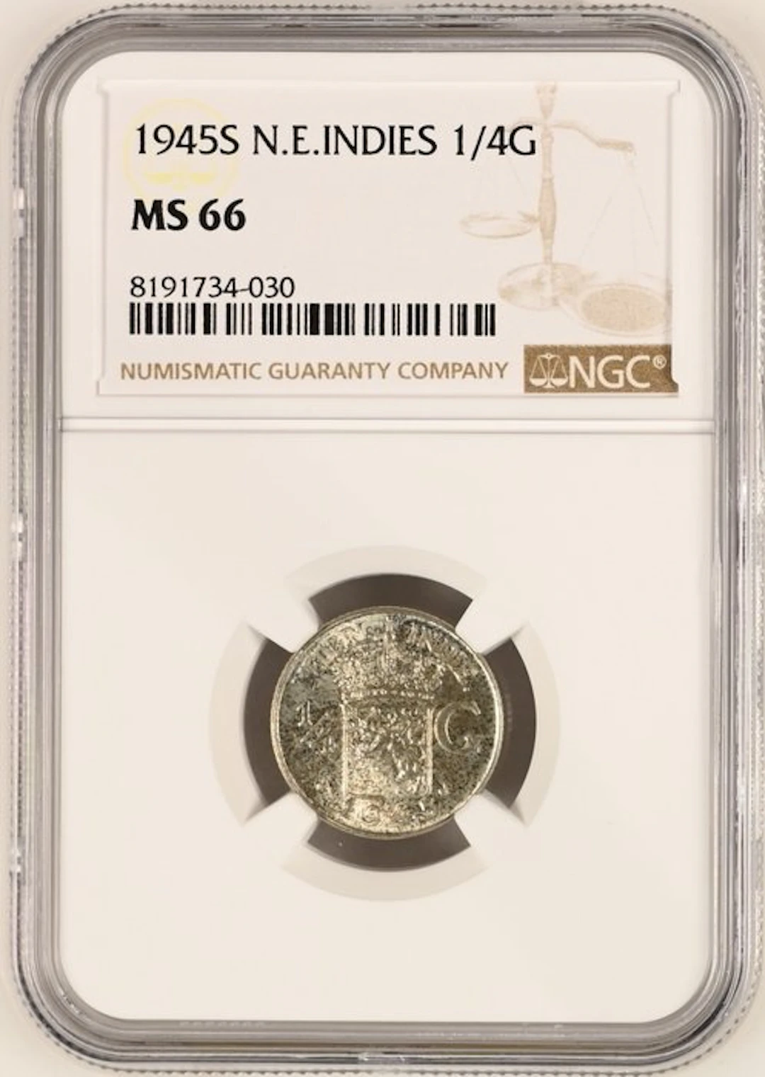 Dutch East Indies. Wilhelmina. 1/4 Gulden 1945 - NGC MS66 (No reserve price)
