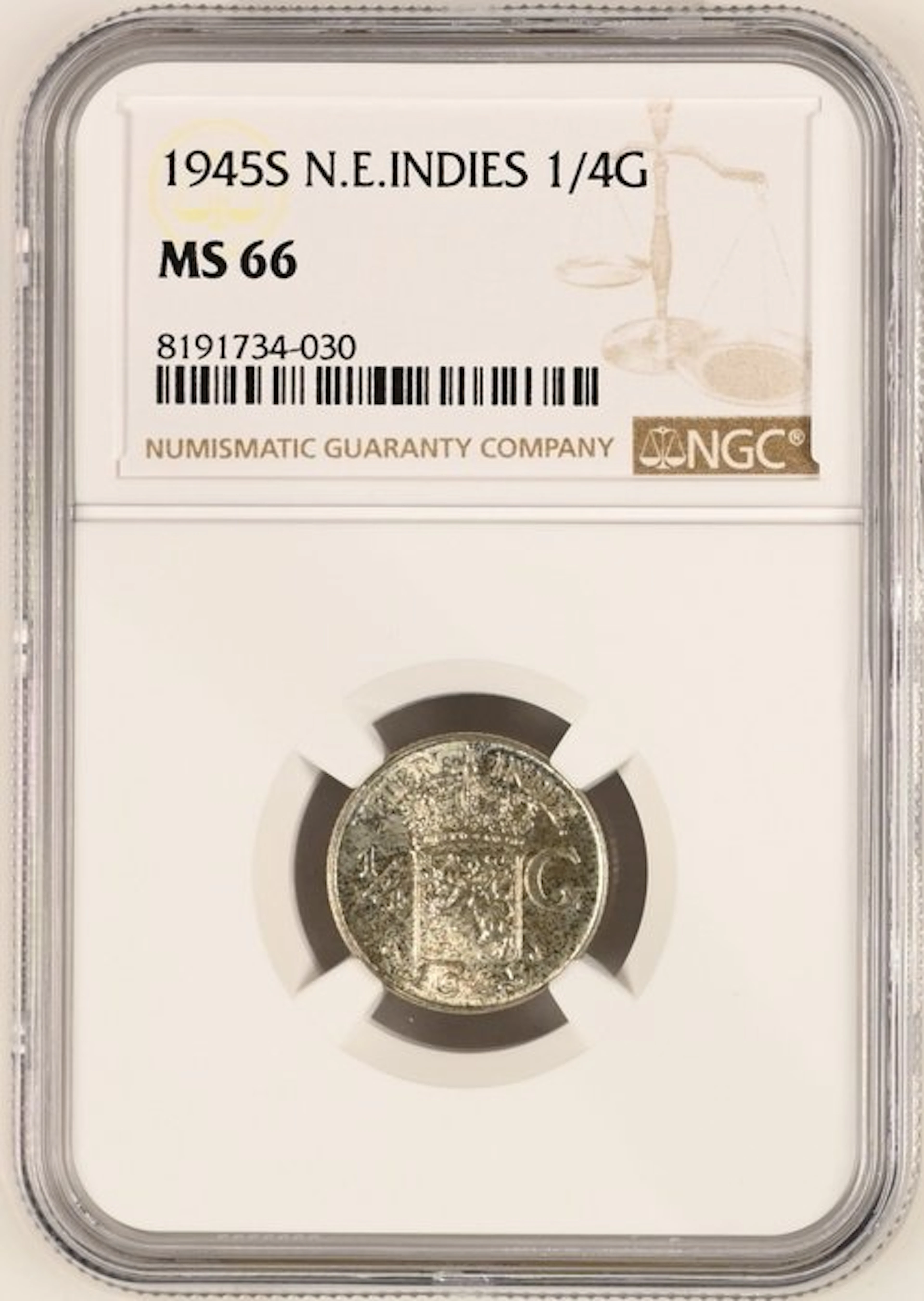 Dutch East Indies. Wilhelmina. 1/4 Gulden 1945 - NGC MS66 (No reserve price)