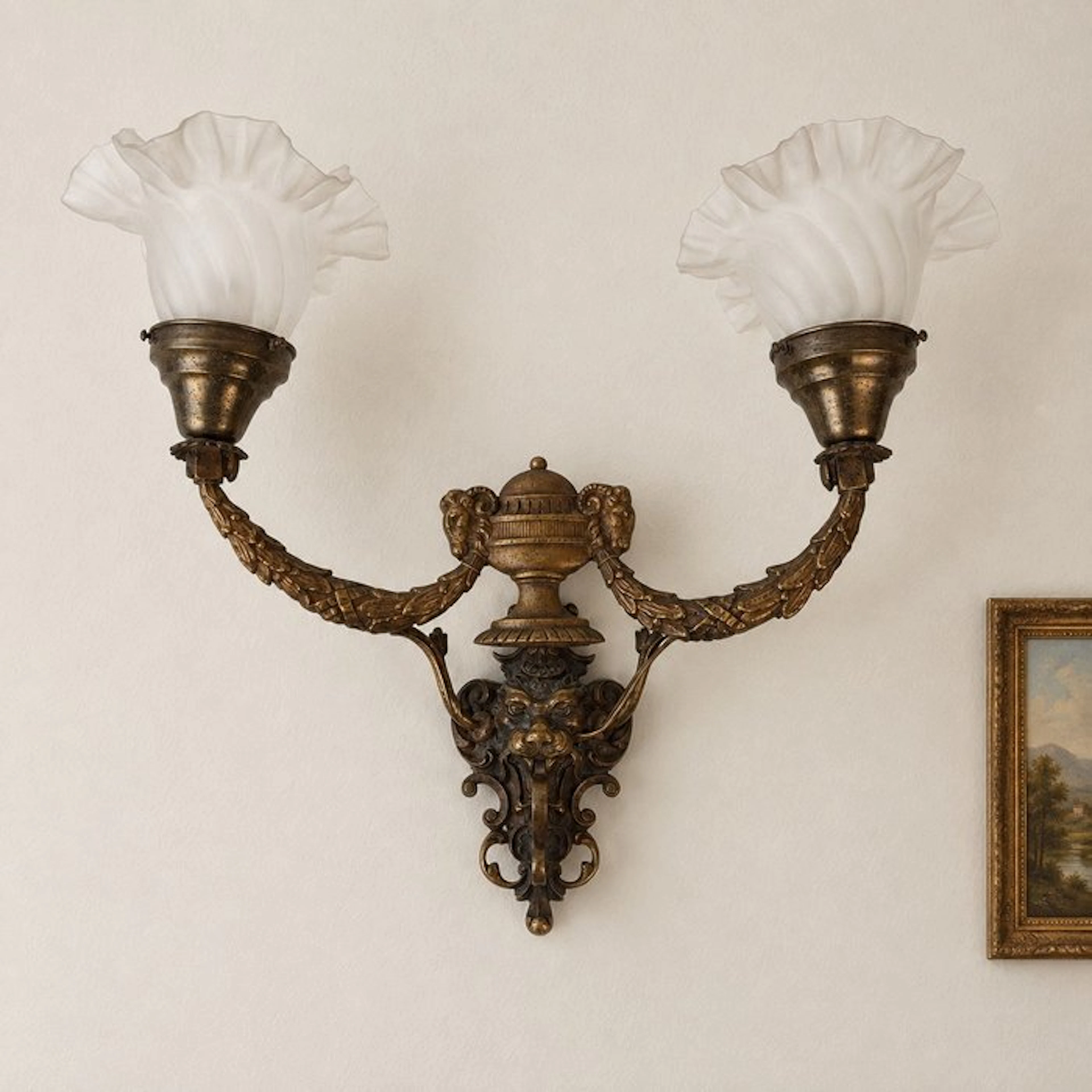 Wall lamp - French-style two-armed wall sconce with glass shades - Bronze