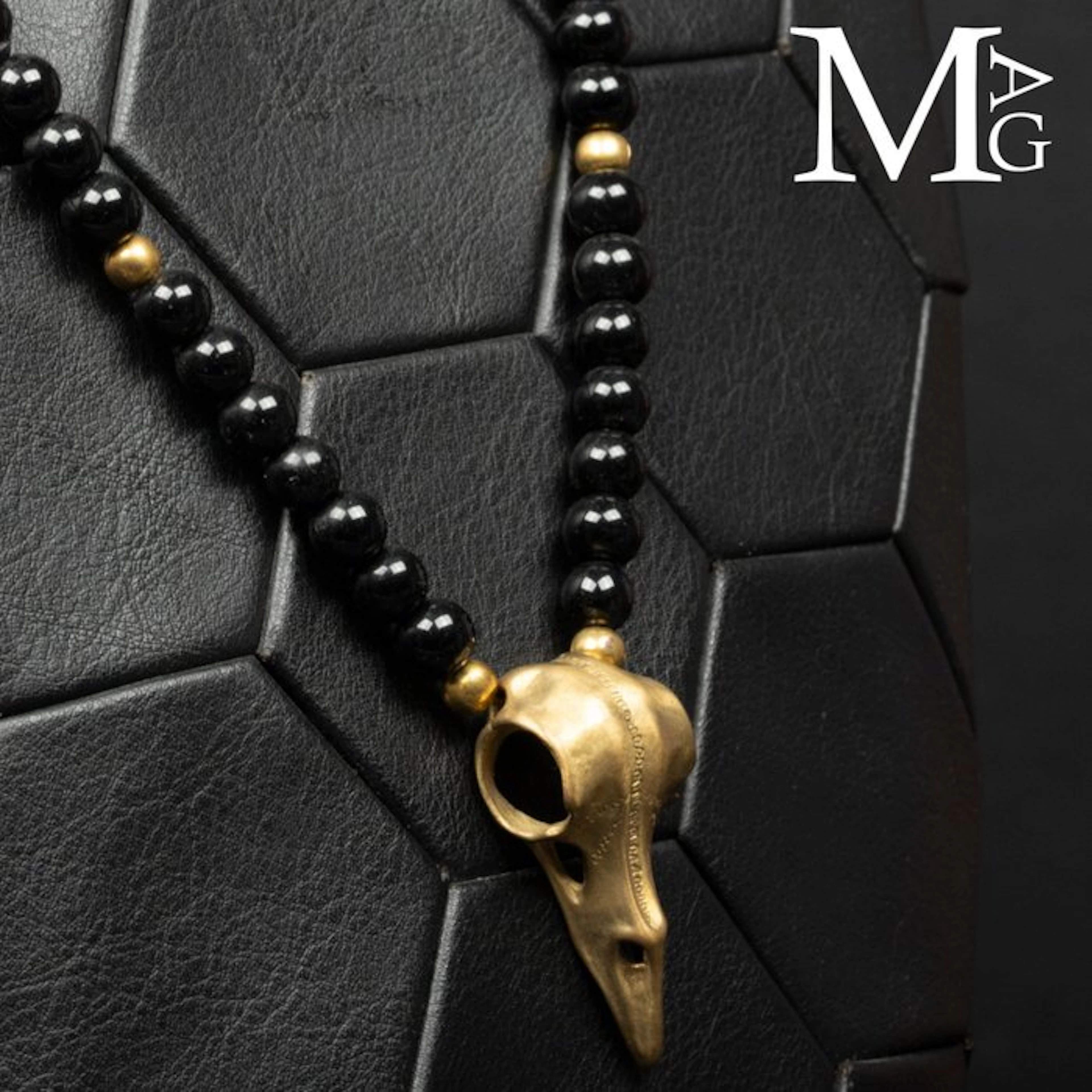 Tibetan Brass Crow Skull - Black Onyx Beads Crafted...