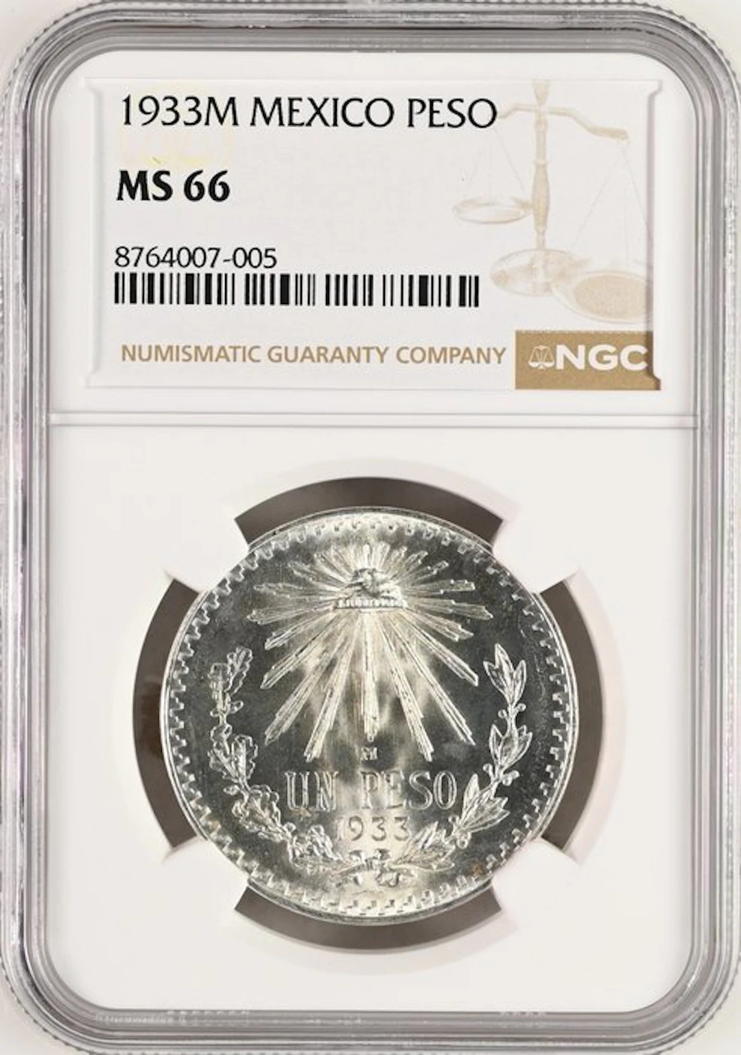 Mexico. 1 Peso 1933 Mexico City NGC MS66 (No reserve price)