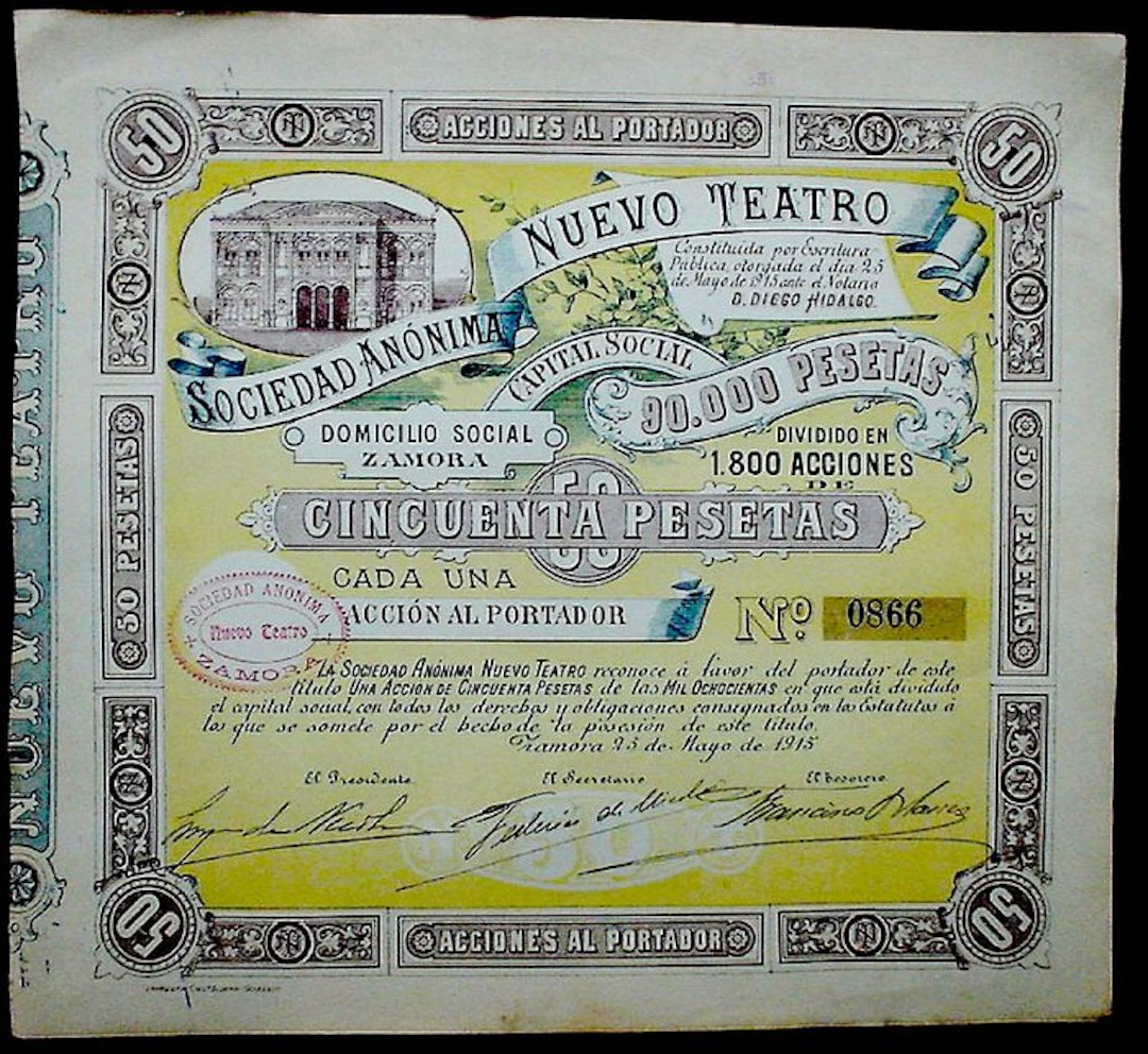Bonds or shares collection - S. A. Nuevo Teatro Zamora 50 Ptas. 1918