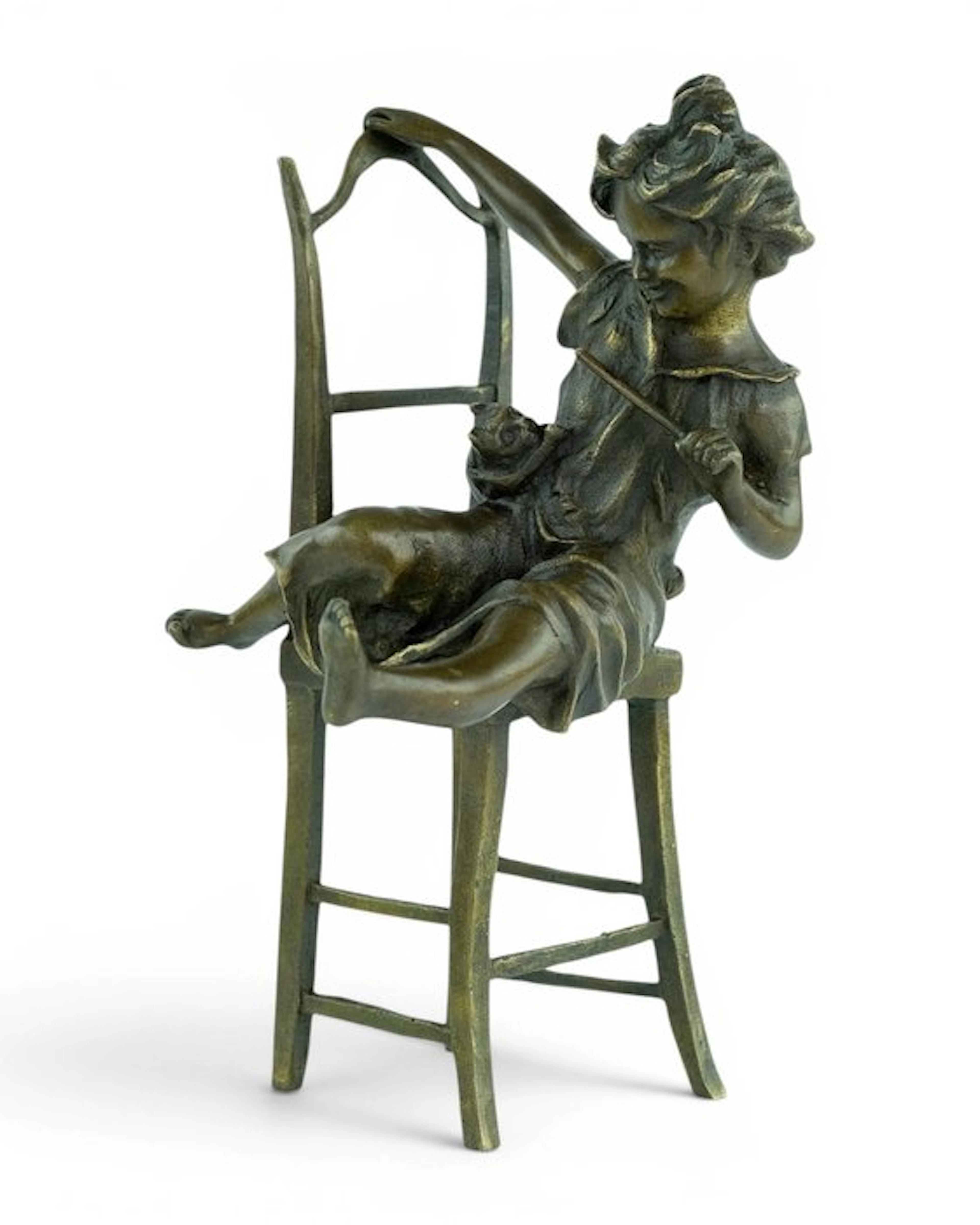 Juan Clara - Sculpture, Girl Playing with Cat - 20 cm - Bronze