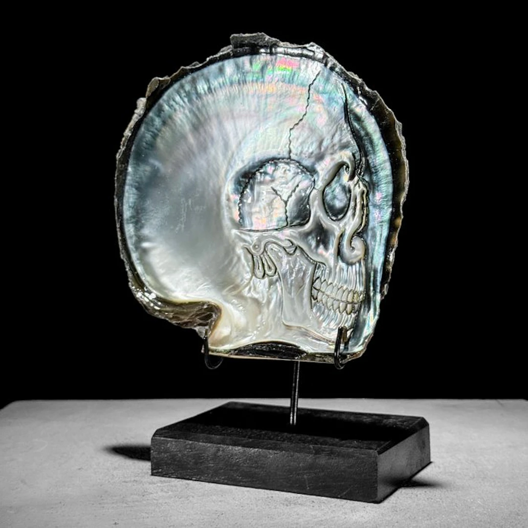 Intricately Carved Mother of Pearl Shell - Human Skull...