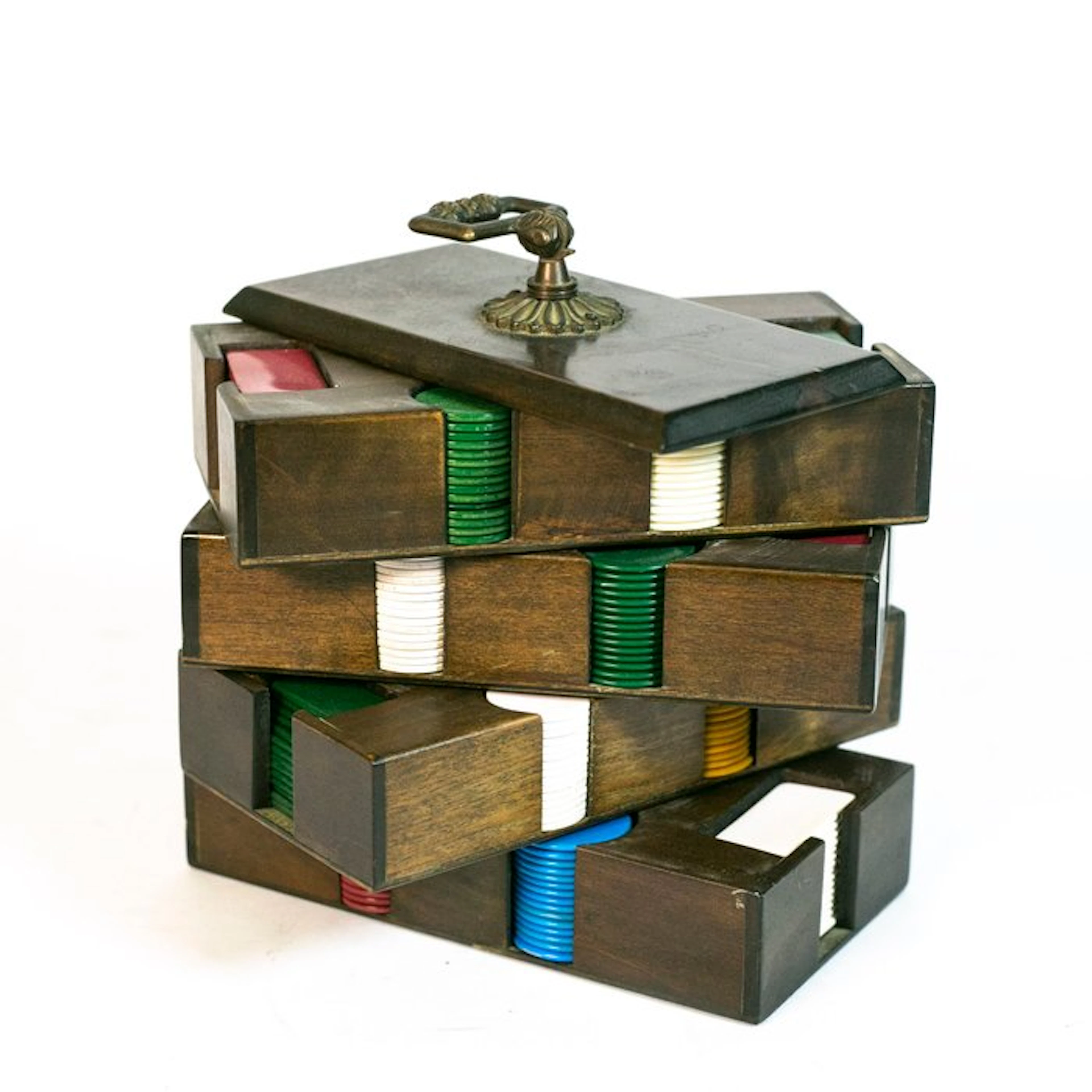 Board game - Rotating four-tier wooden poker chip rack with chips – Vintage