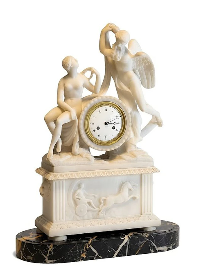 Figural mantel clock - - Carrara marble - 1800-1850 - Mythological Figures