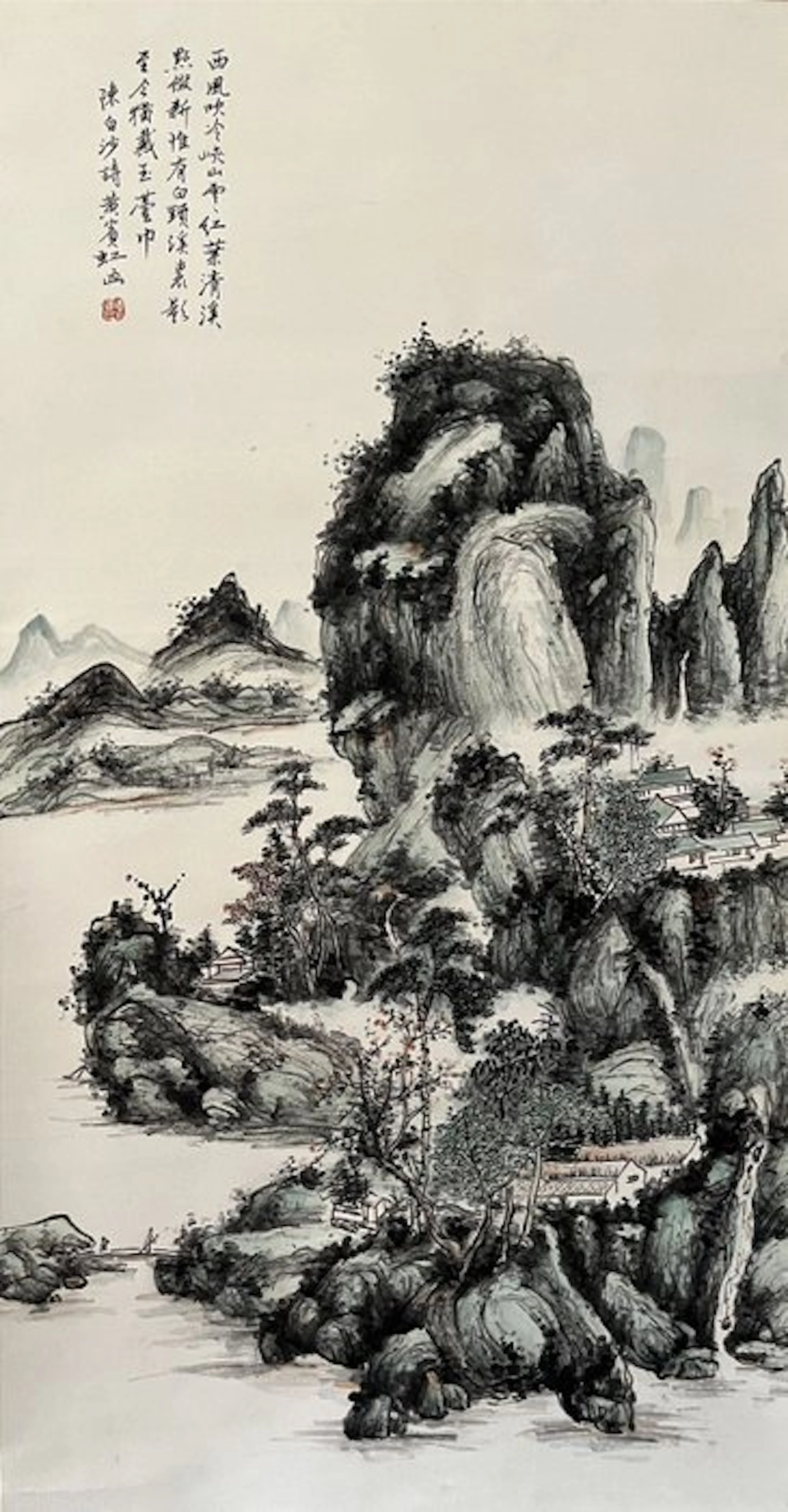 INK AND COLOR ON PAPER PAINTING"LANDSCAPE"《陈白沙诗意》 - Singed - China