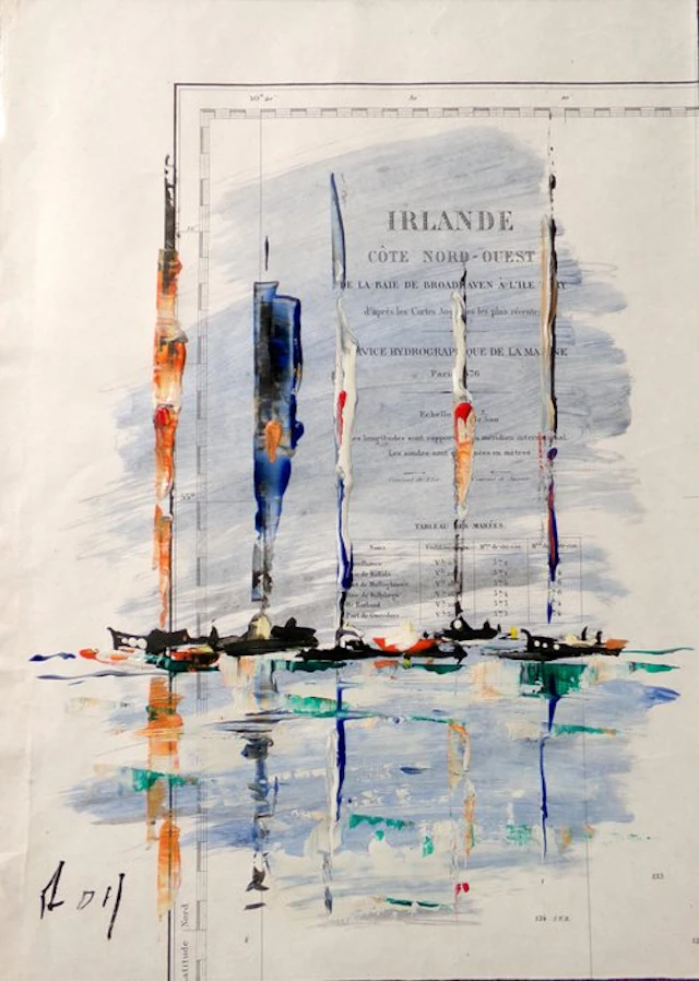 DENIS Pascal dit "ROY". - Irlande. Voiliers et reflets sur carte marine.