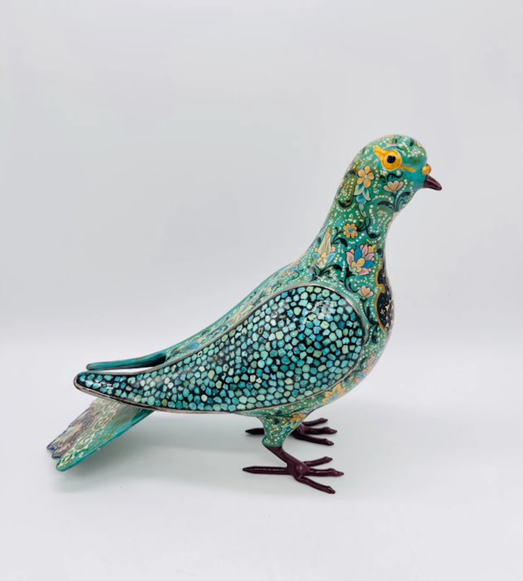 Figure - Enameled pidgeon with turquoise stones - Silver metal