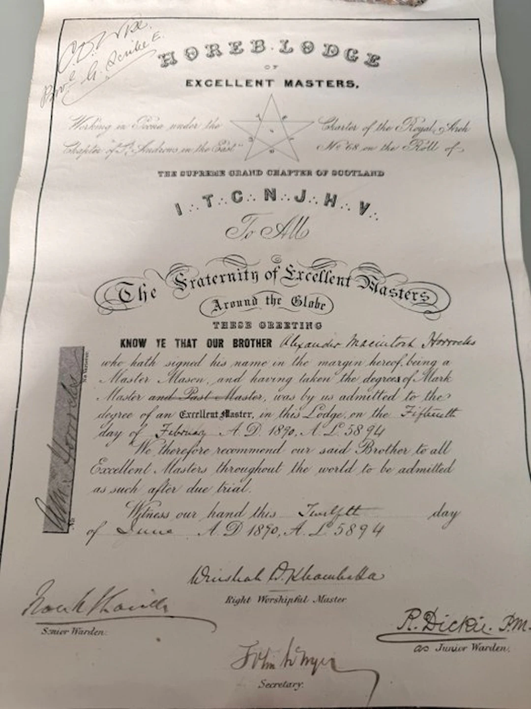 U.K. - Document - Rare Masonic Certificate – Horeb Lodge...