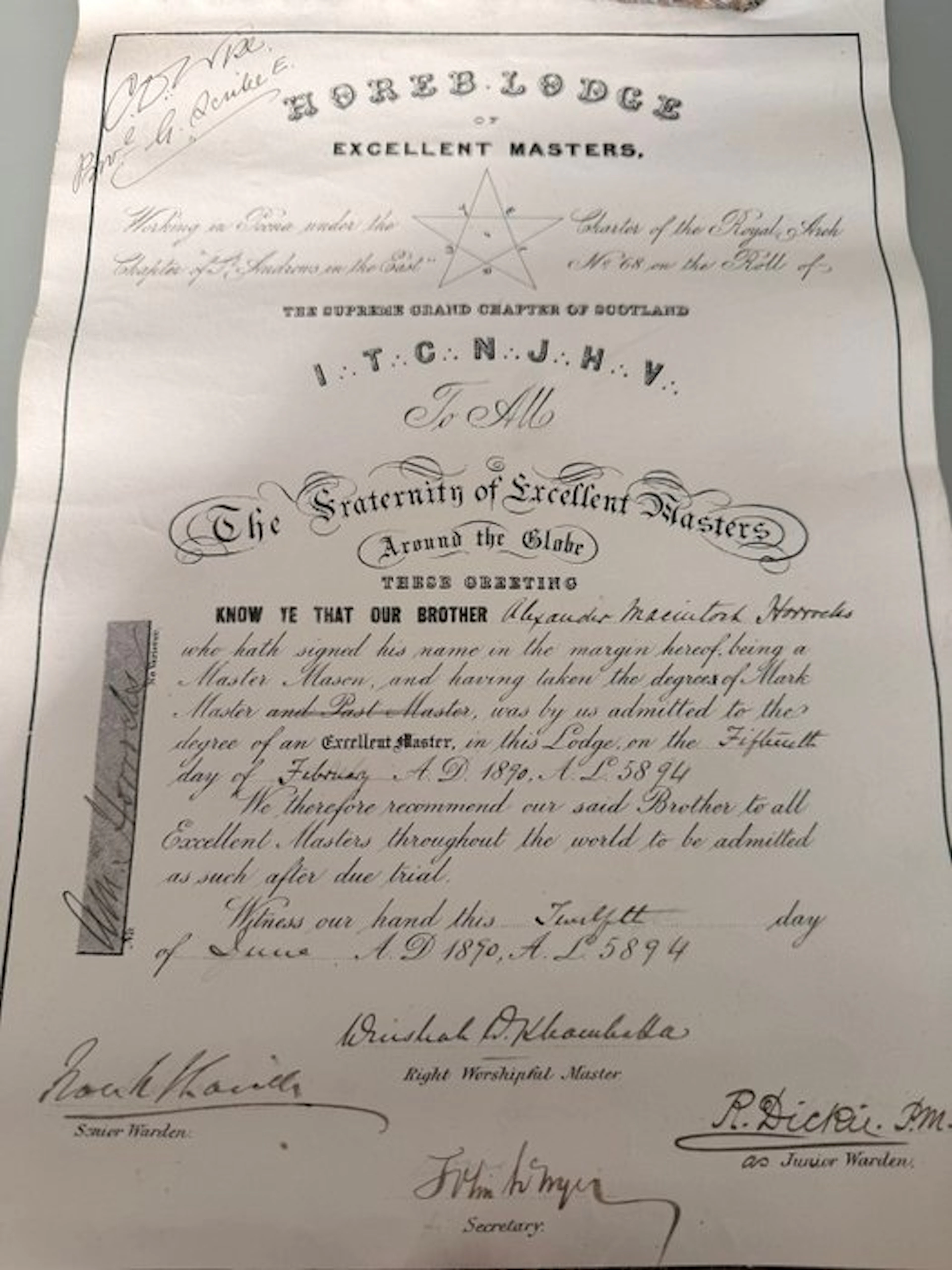 U.K. - Document - Rare Masonic Certificate – Horeb Lodge...